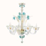 Venetian chandelier in Murano glass with 6 lights, white and blue.