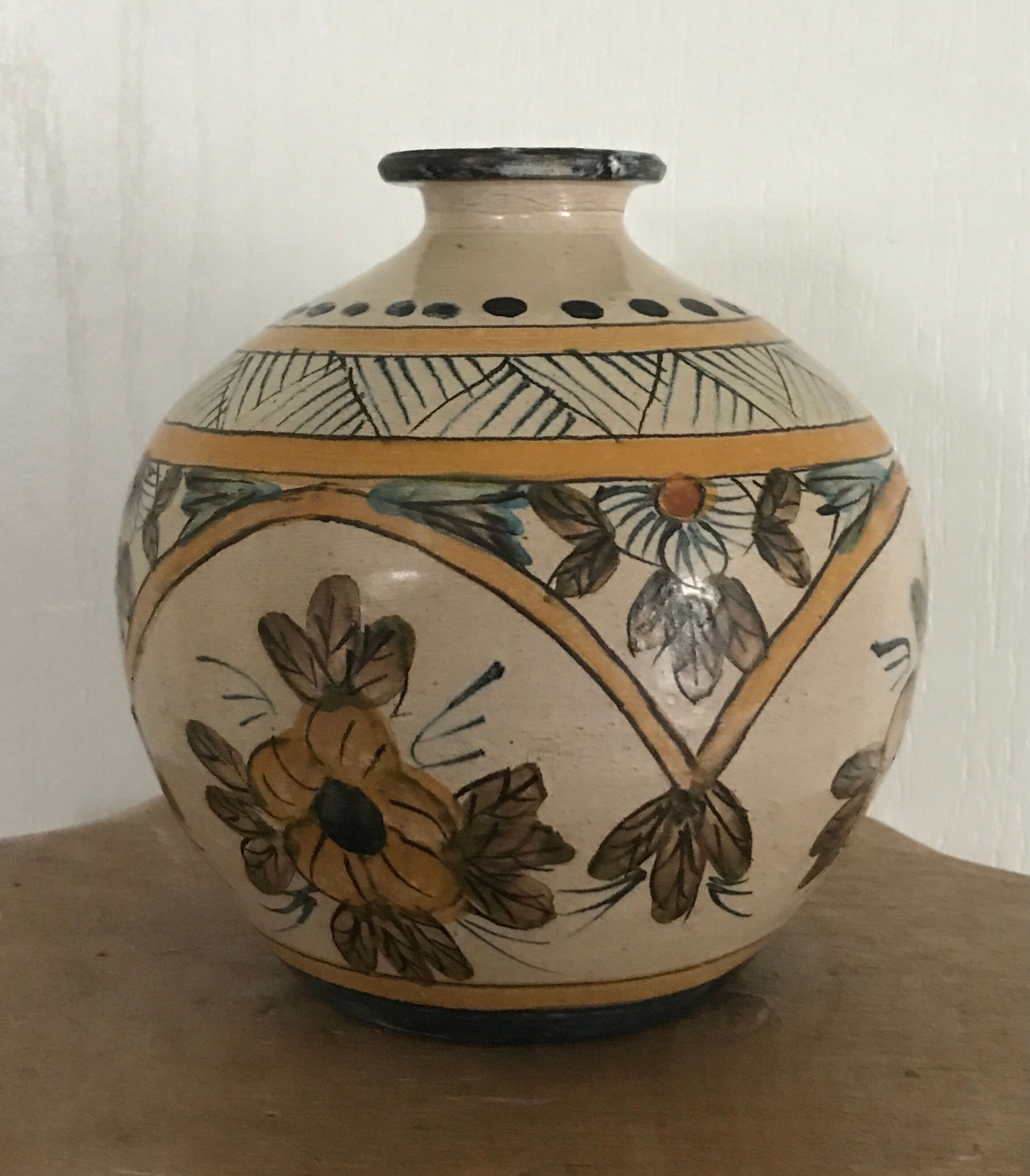 Vintage vase shaped terracotta ball with handheld paint decoration polychrome signed