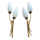 Brass and white opaline wall lights, "Tulip" type, 1950