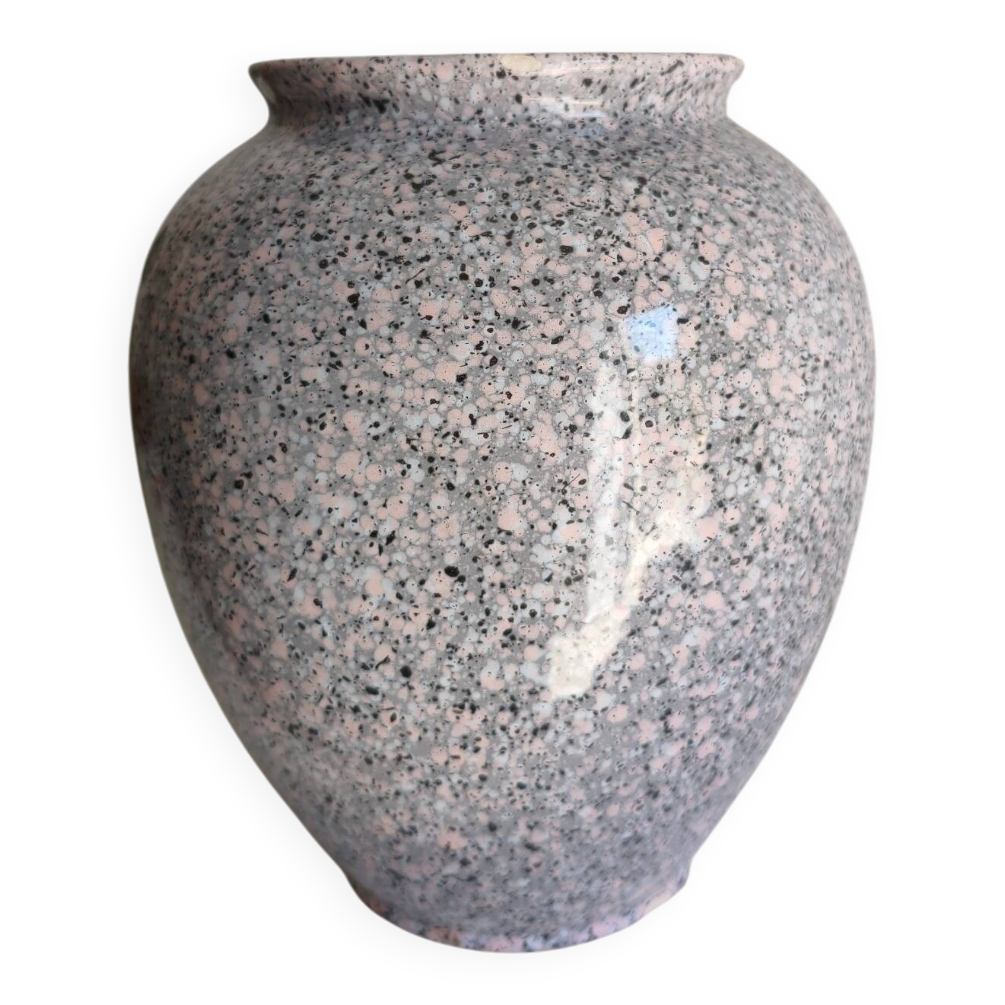 Vase vintage en céramique mouchetée rose, gris & noir – années 60/70