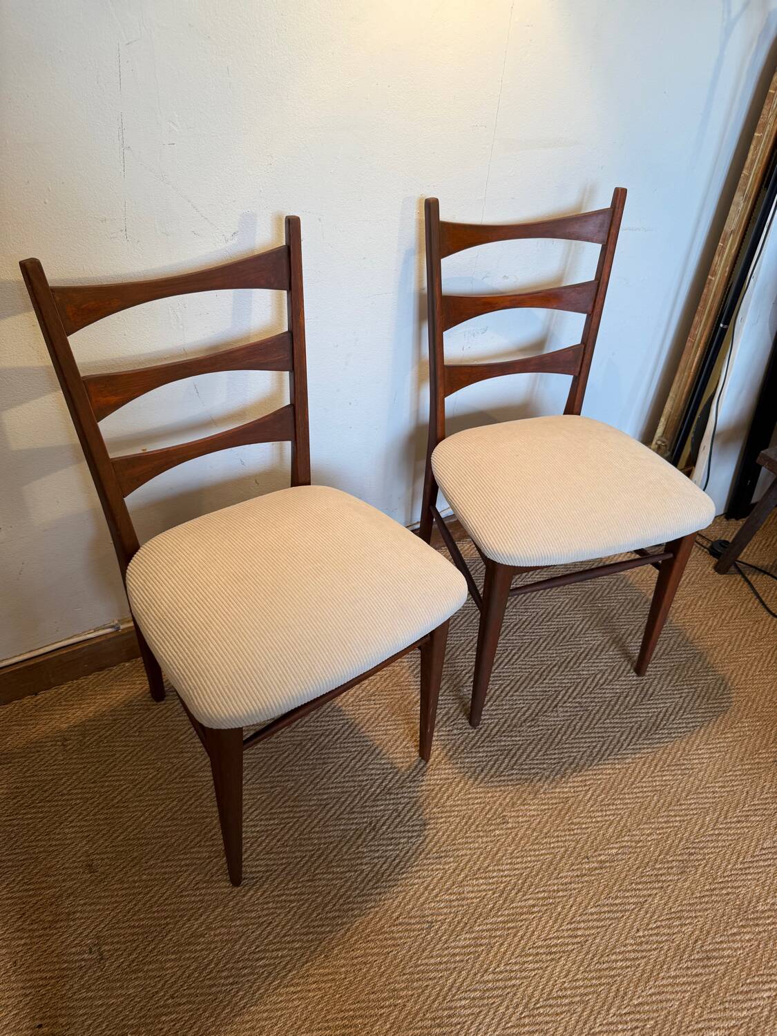 Pair of vintage wood and corduroy chairs