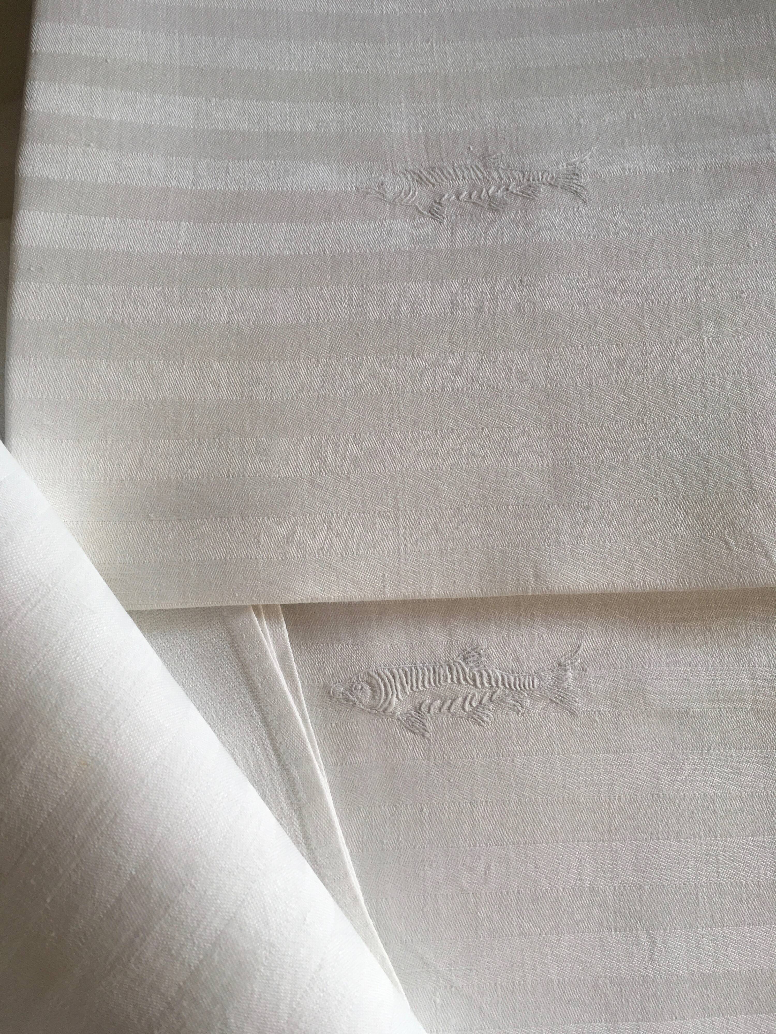 set of 6 19th damask linen napkins embroidered to a fish