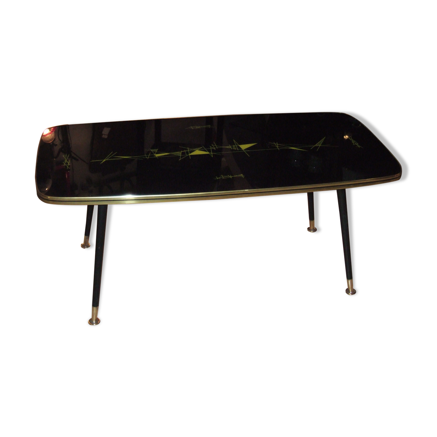 1960 compass foot coffee table, abstract decoration tray under glass.