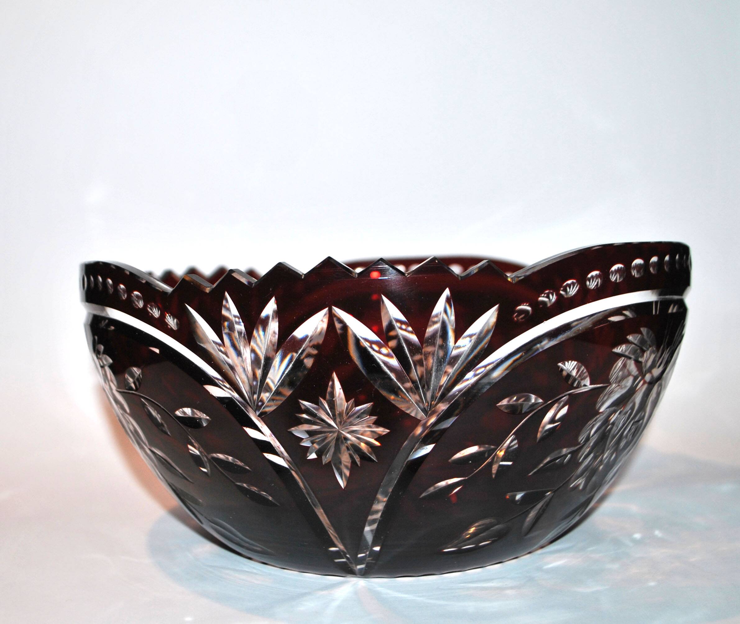 Saint-Louis Crystal Salad Bowl? Lined with Red Bordeaux Overlay Floral