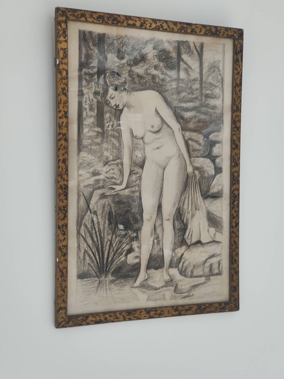 Fusain Femme nue estampe encadrée