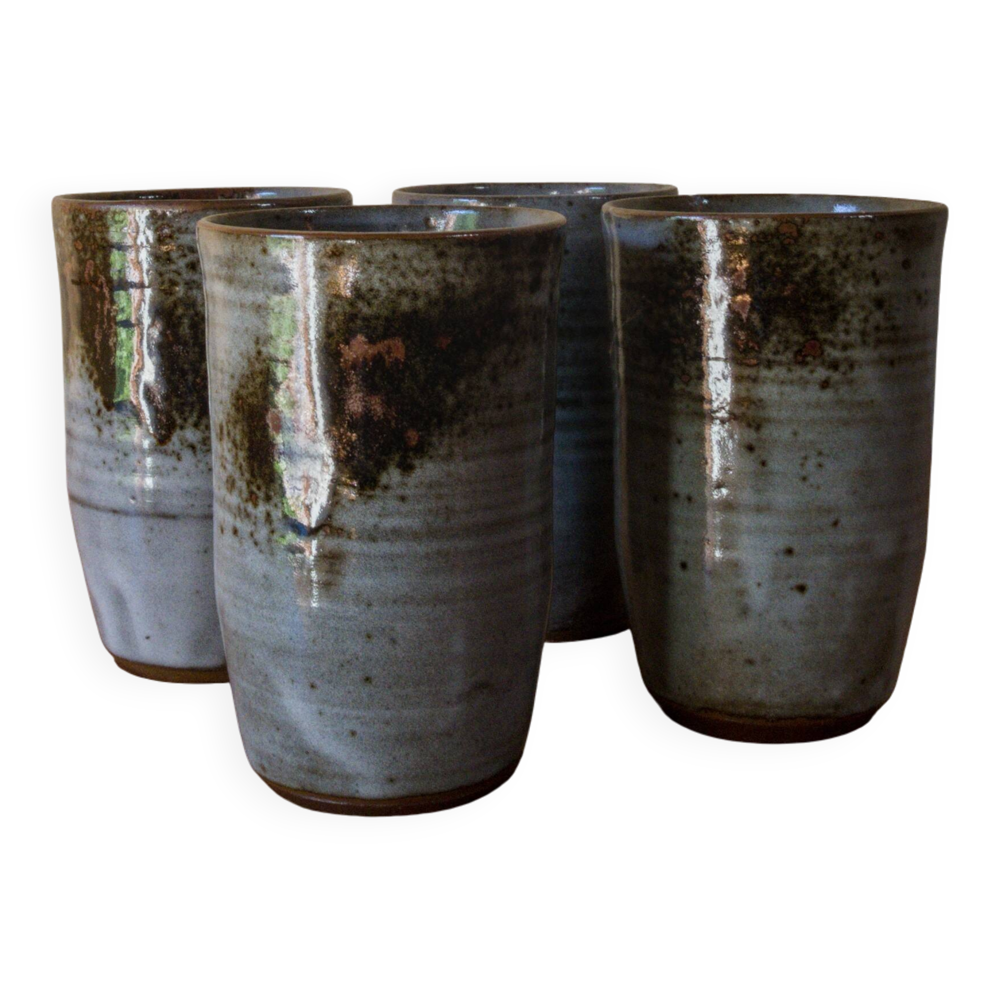Set of 4 glazed stoneware mugs signed by Thierry and Chantal Robert.