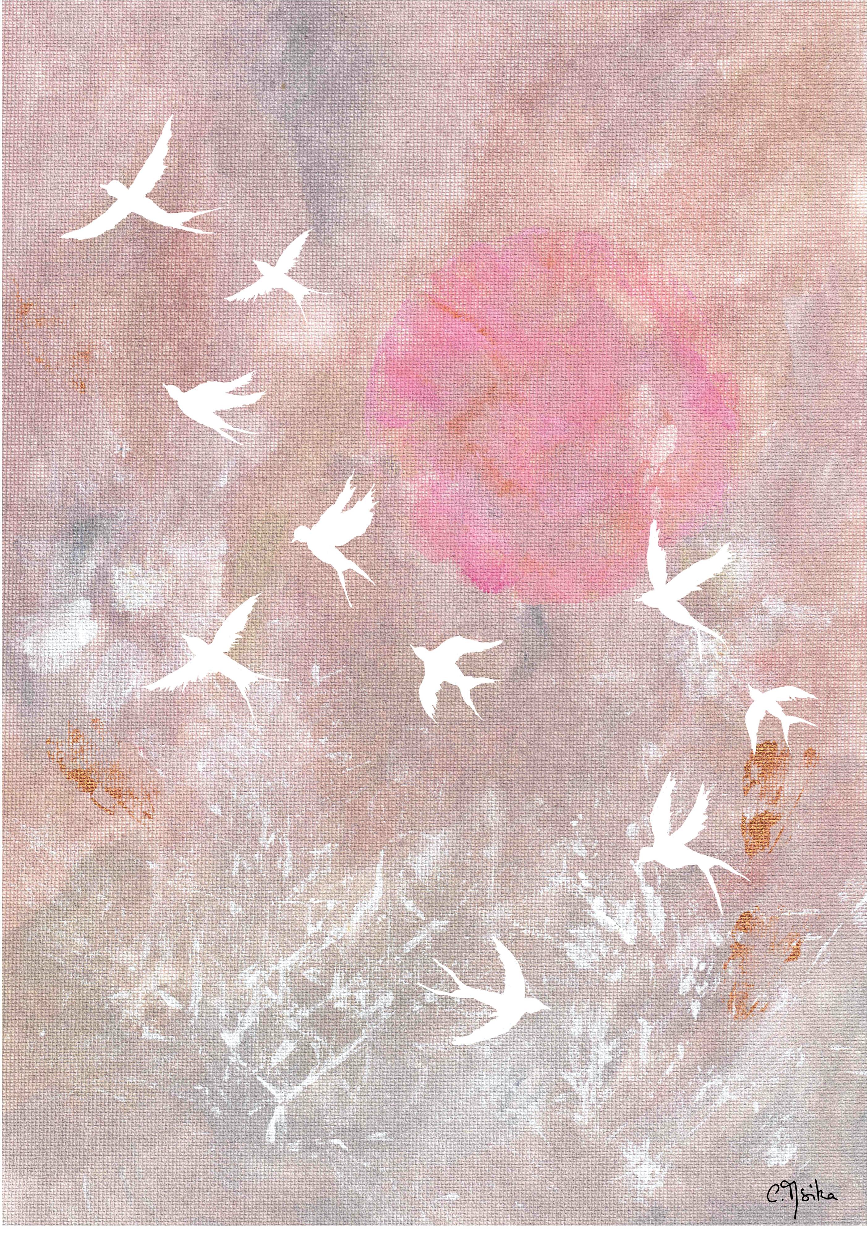 Art print, Flight and pink sun.