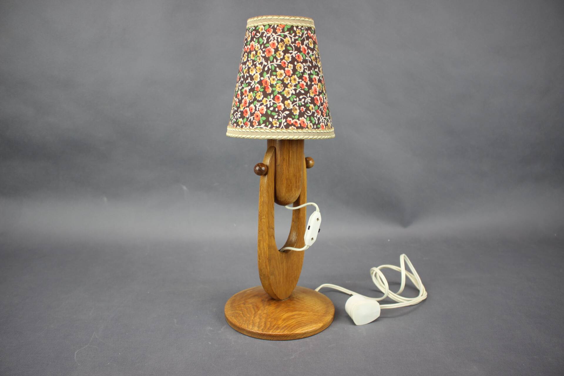 Mid-century adjustable wooden table lamp with floral shade, Czechoslovakia, 1970.