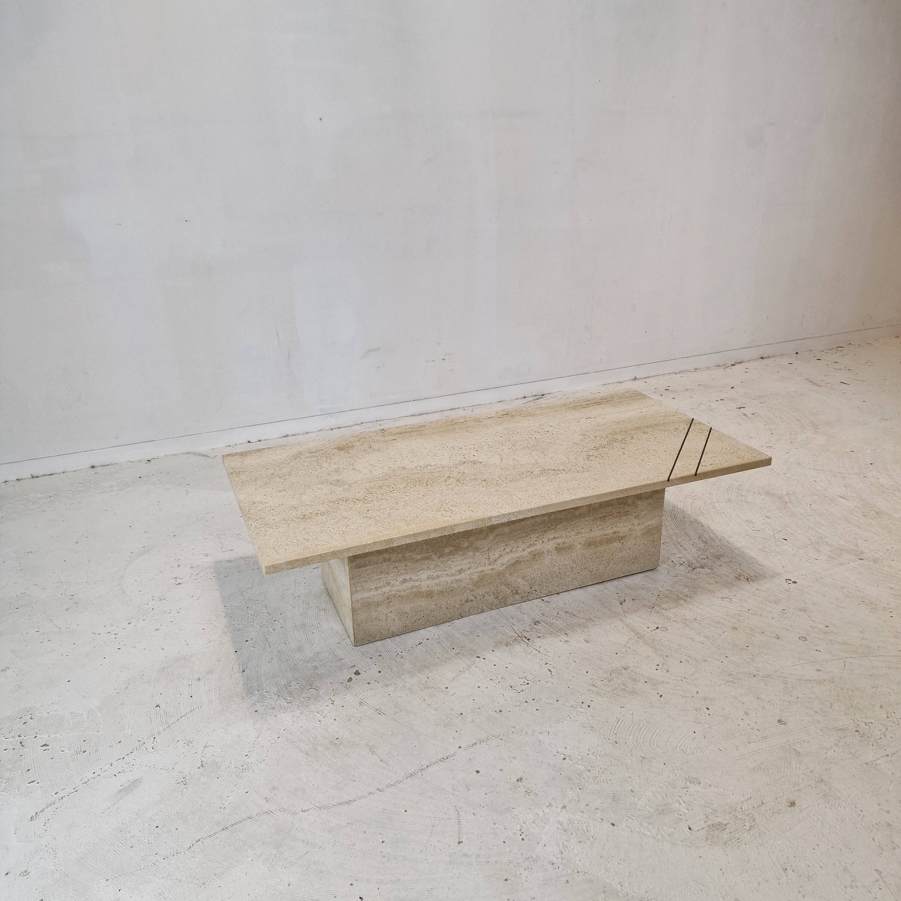 Rectangle Travertine Coffee or Side Table with Brass, Italy 1980s