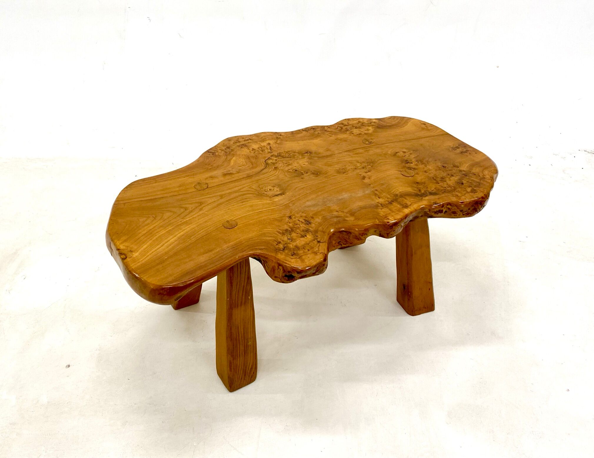 Brutalist elm magnifying glass coffee table 1970s