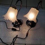 Set of 2 table lamps lampshade in opaline tulip glass Hufnagel Leuchten vintage