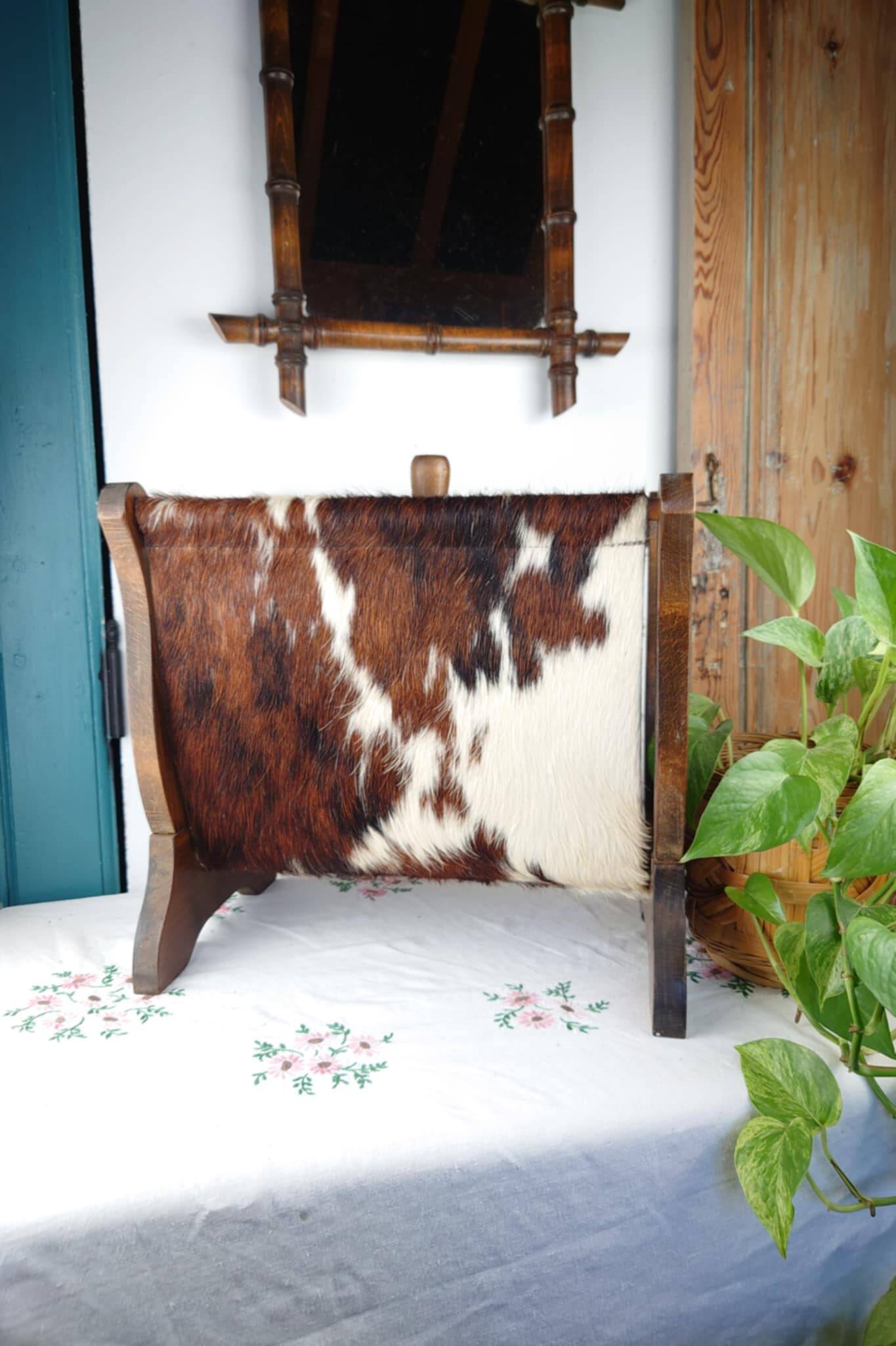 Vintage magazine rack wood and natural leather 37x39.5x26 cm 1.76 kg