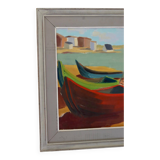 Original Swedish Mid-Century Oil on Panel “Boats and Fishing Nets ” by ALF (Affe) SKAGH (1916-1962)