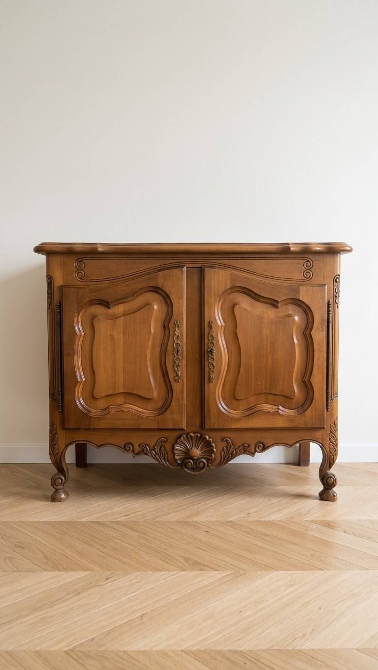 Small antique buffet in carved wood, Traditional style.