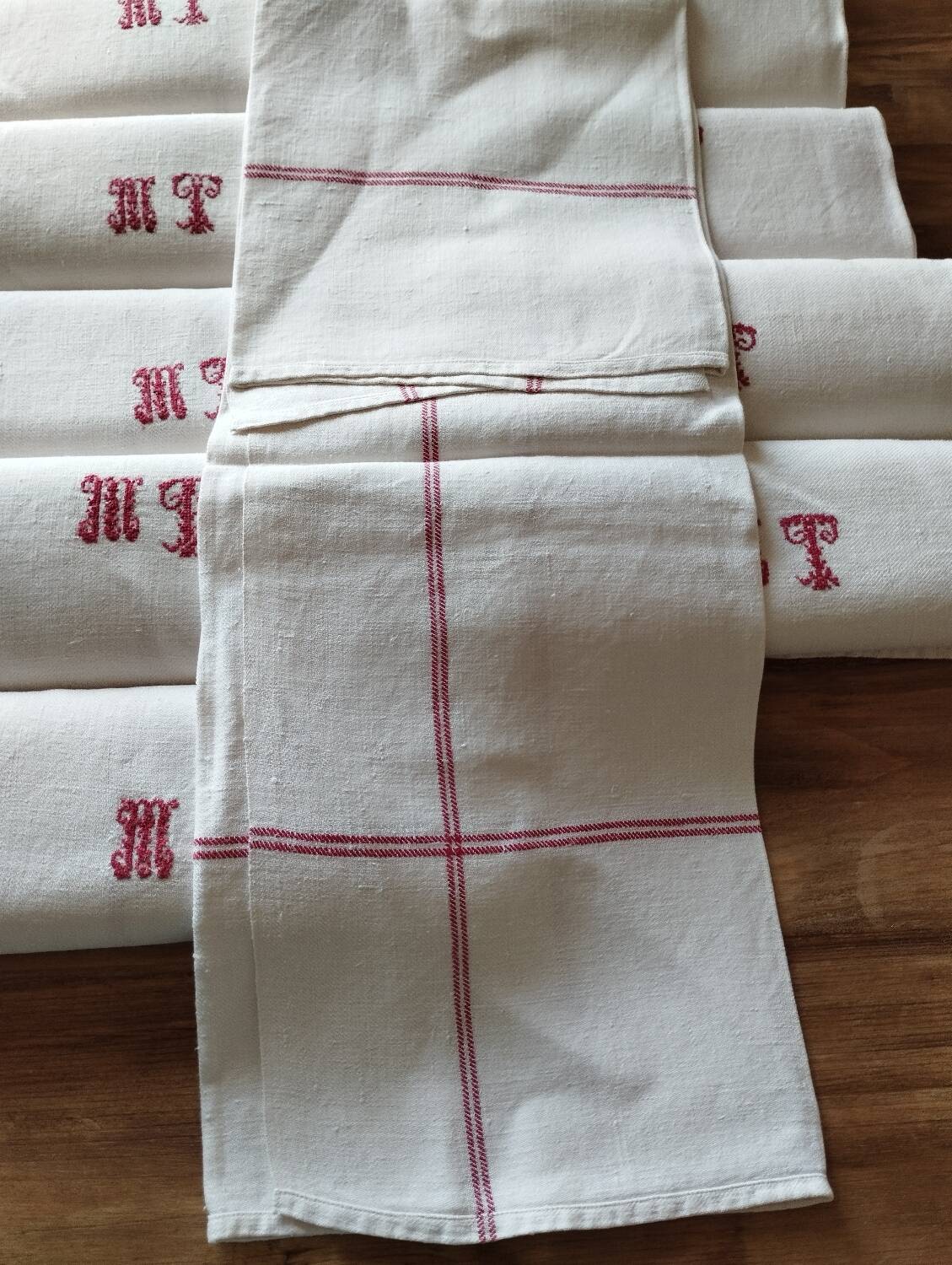 12 old shabby red tea towels monogram towel