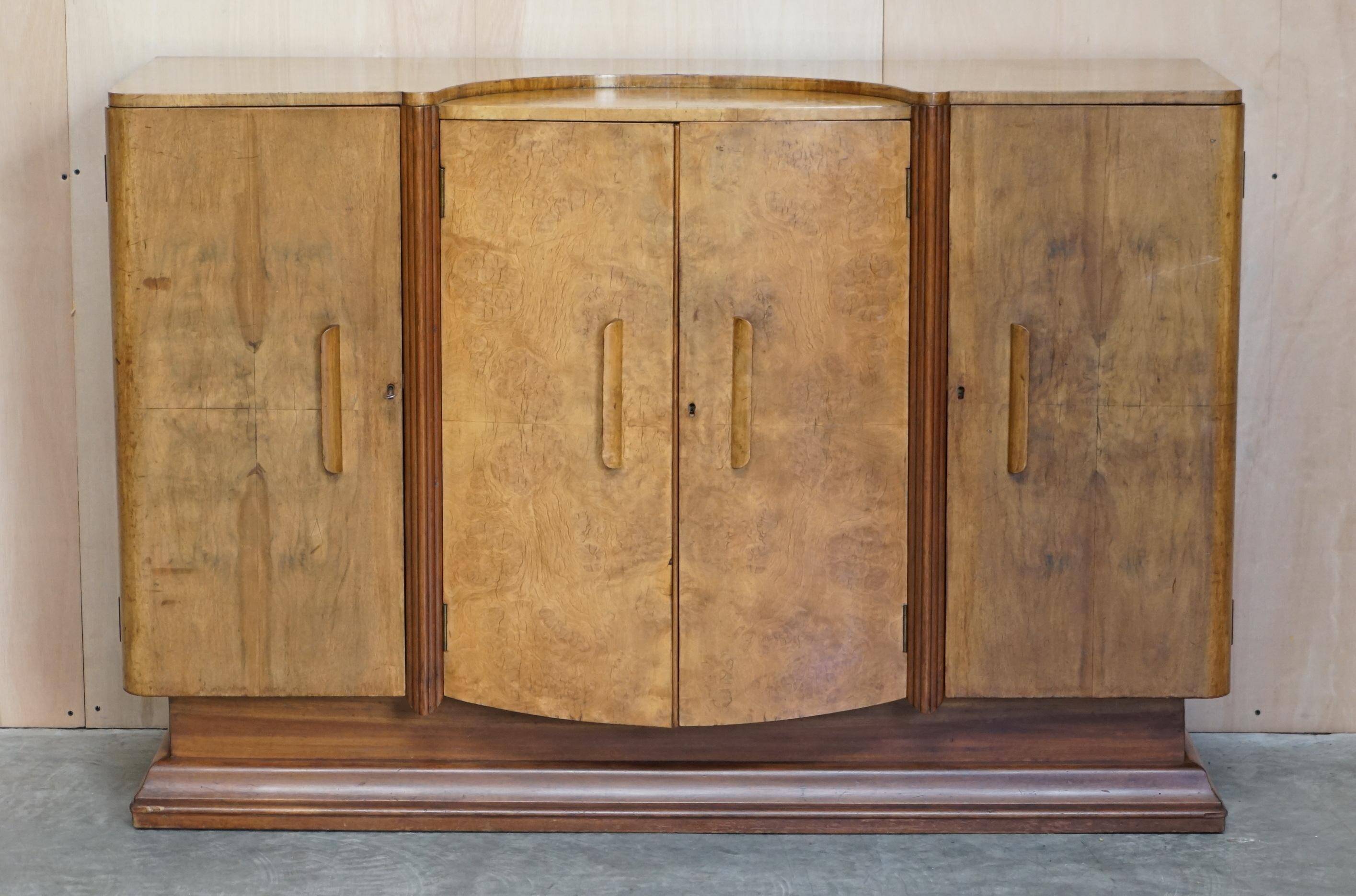 Art Deco walnut burr sideboard with drawers and bar.