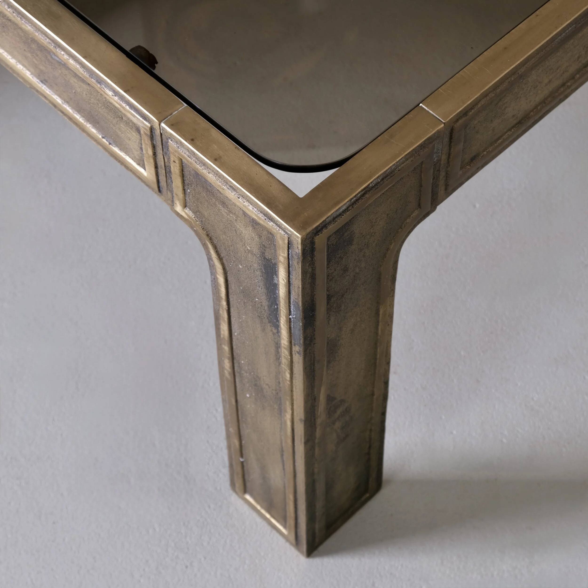Brutalist bronze and glass square coffee table | 1970s