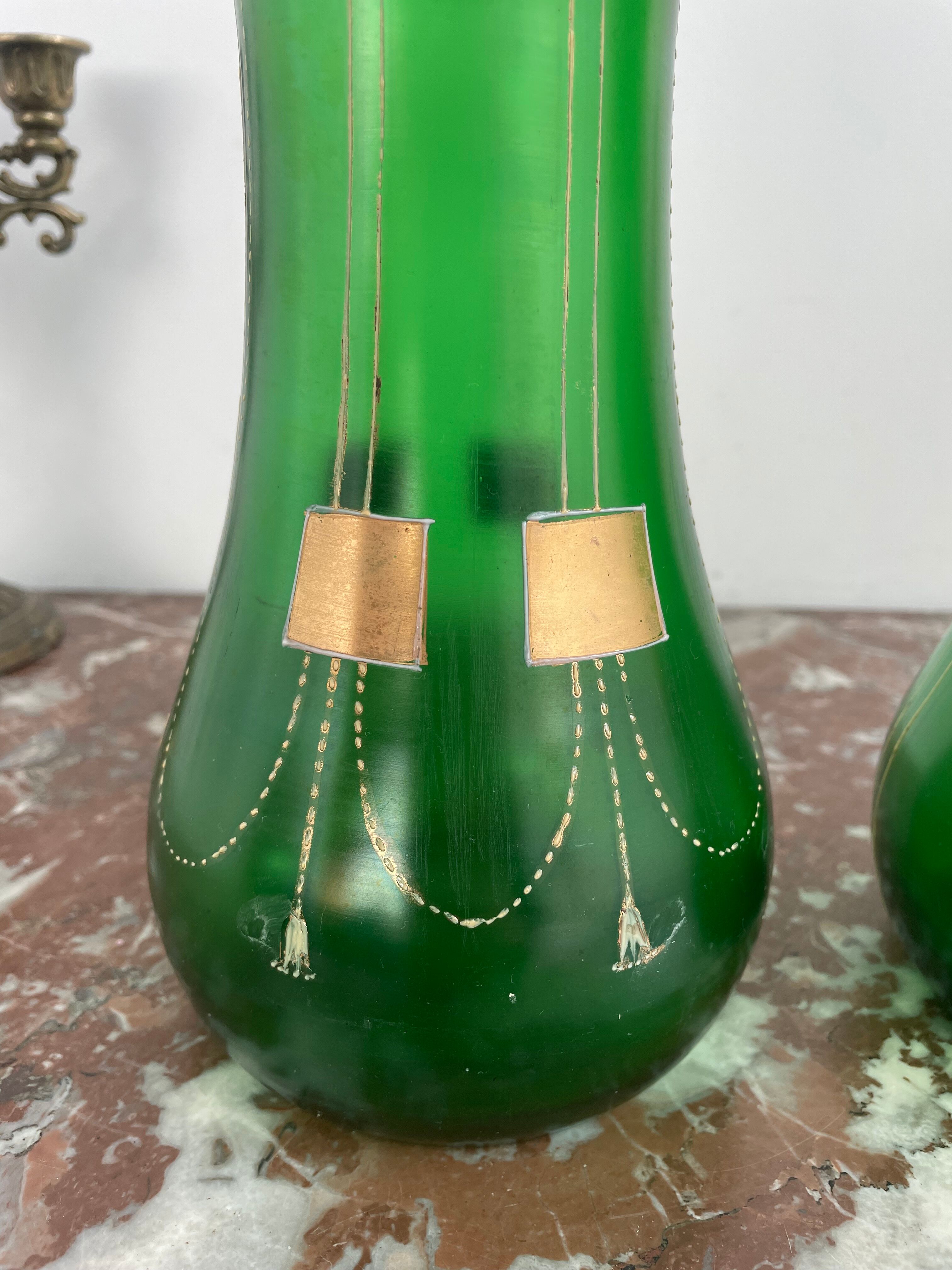 Antique, pair, green vases, flower decoration, golden, ART DECO, daisies, knot, hand painted