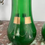 Paire de vases verts, décor fleurs, doré, art deco, marguerites, nœud, peint à la main, antique
