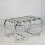 "Space age" coffee table, tubular steel, smoked glass, France, 1970s
