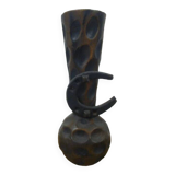 Carved turned wooden vase for dry flowers, decorated with a small horseshoe