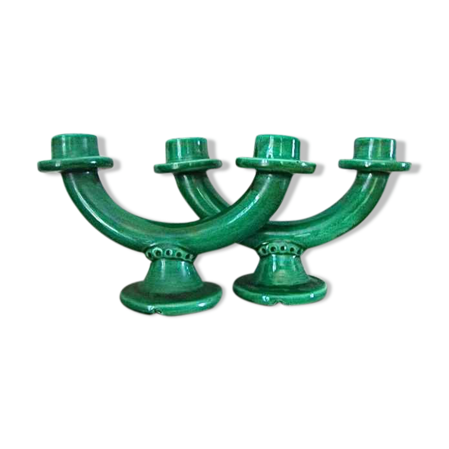 Pair of vintage green ceramic candlesticks