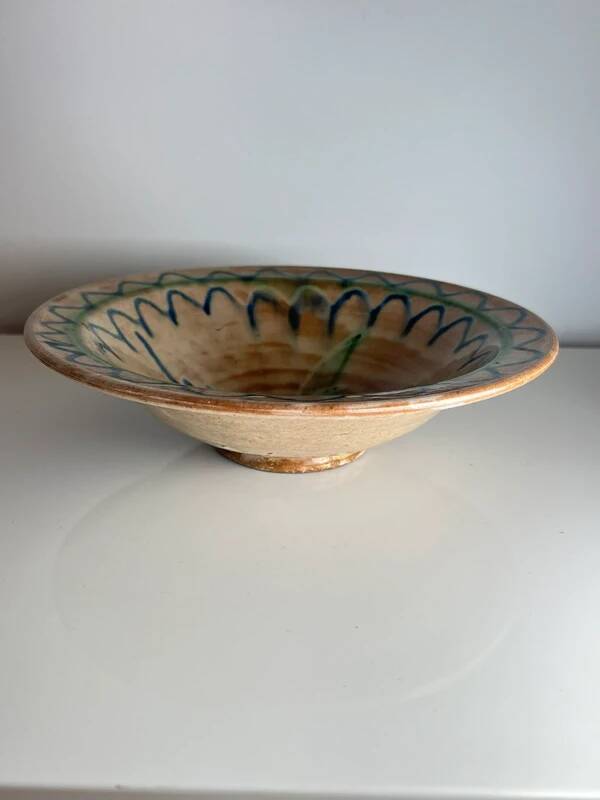 Glazed ceramic dish with green and blue floral decoration – vintage southern earthenware – handmade