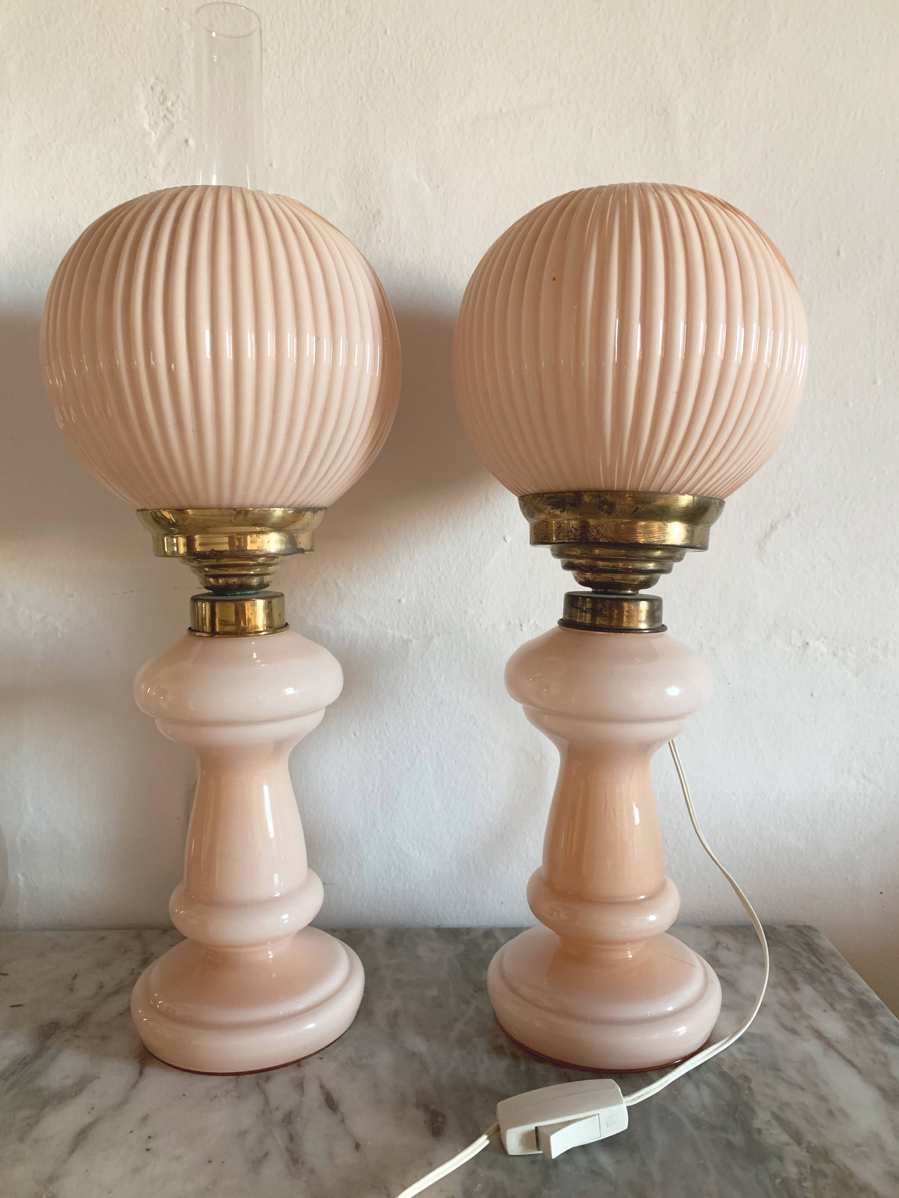 Pair of pink opaline lamps