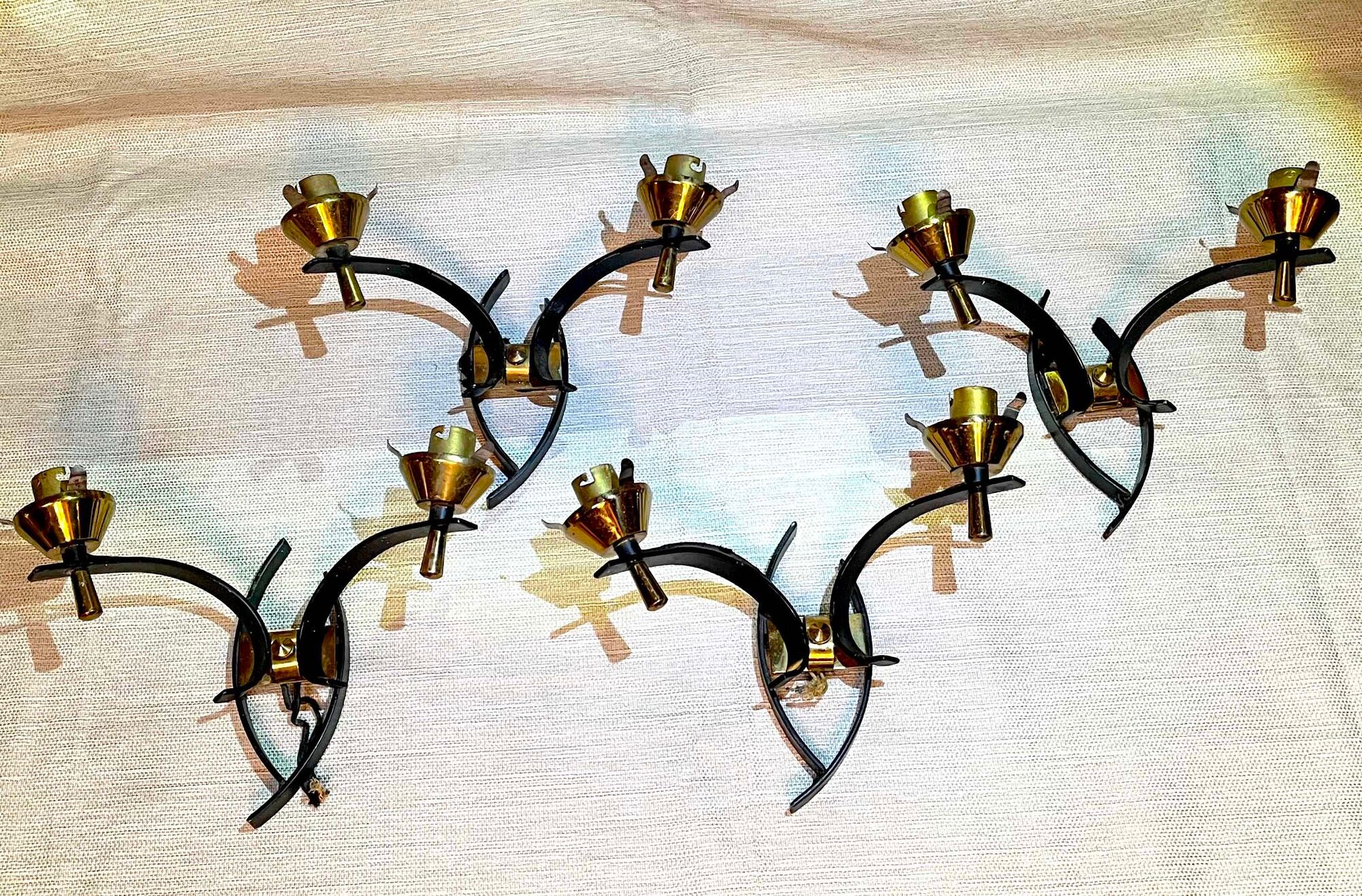Maison arlus black and brass sconces with white opaline, france - a pair