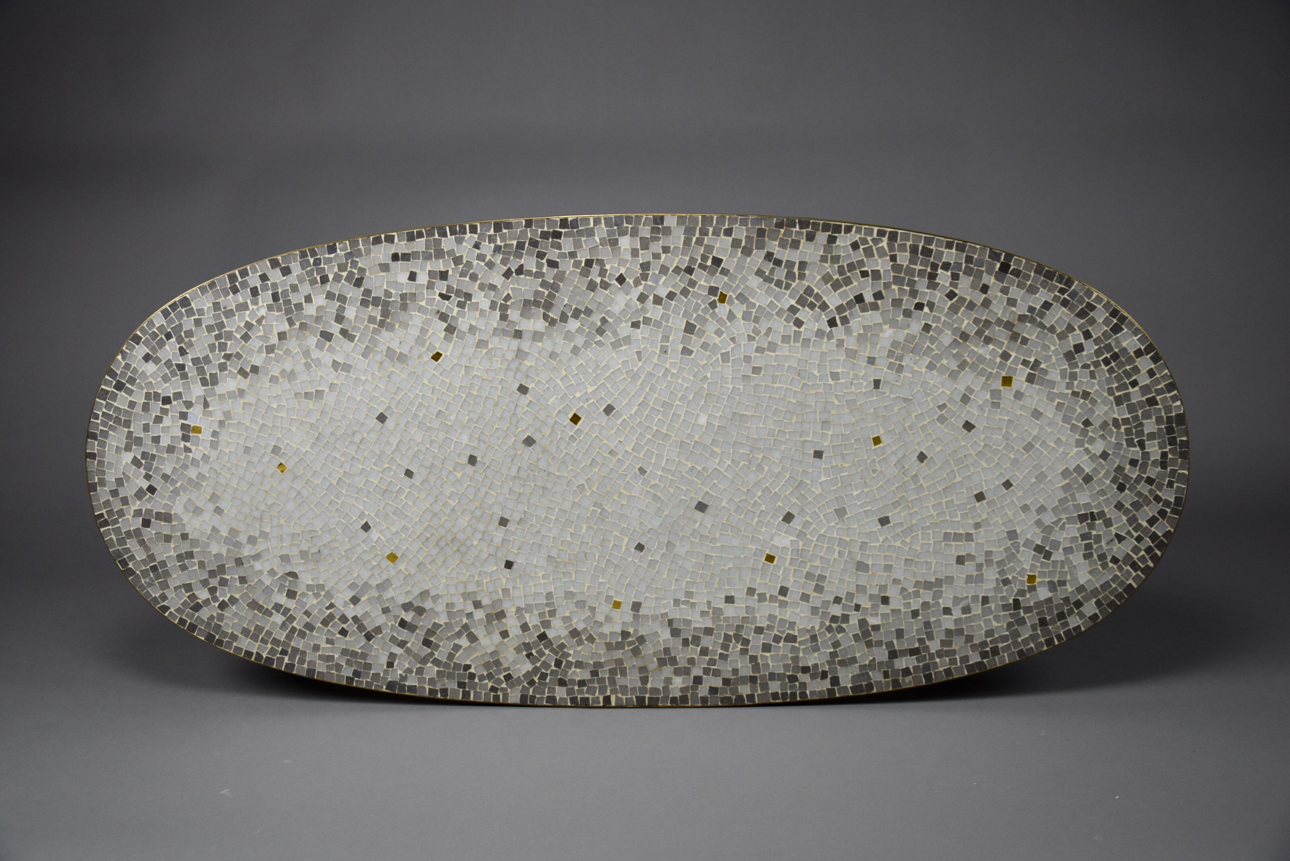 Brass Mid century Oval Coffee Table with Grey Glass Mosaic and Gold Highlights