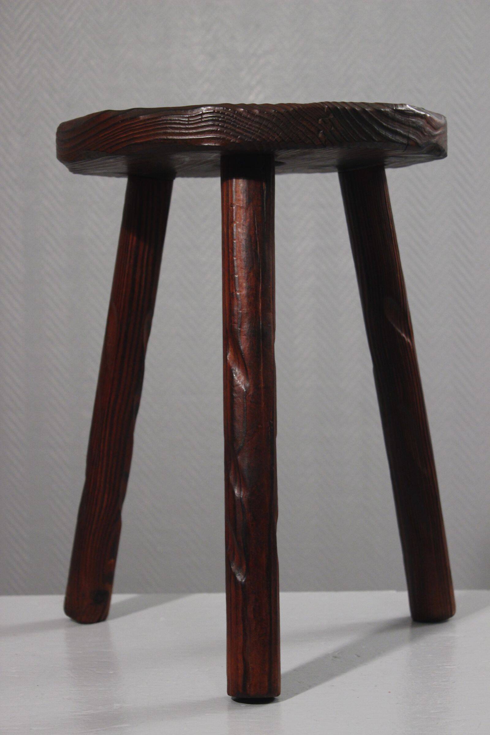 Brutalist tripod stool, solid pine, 1950s