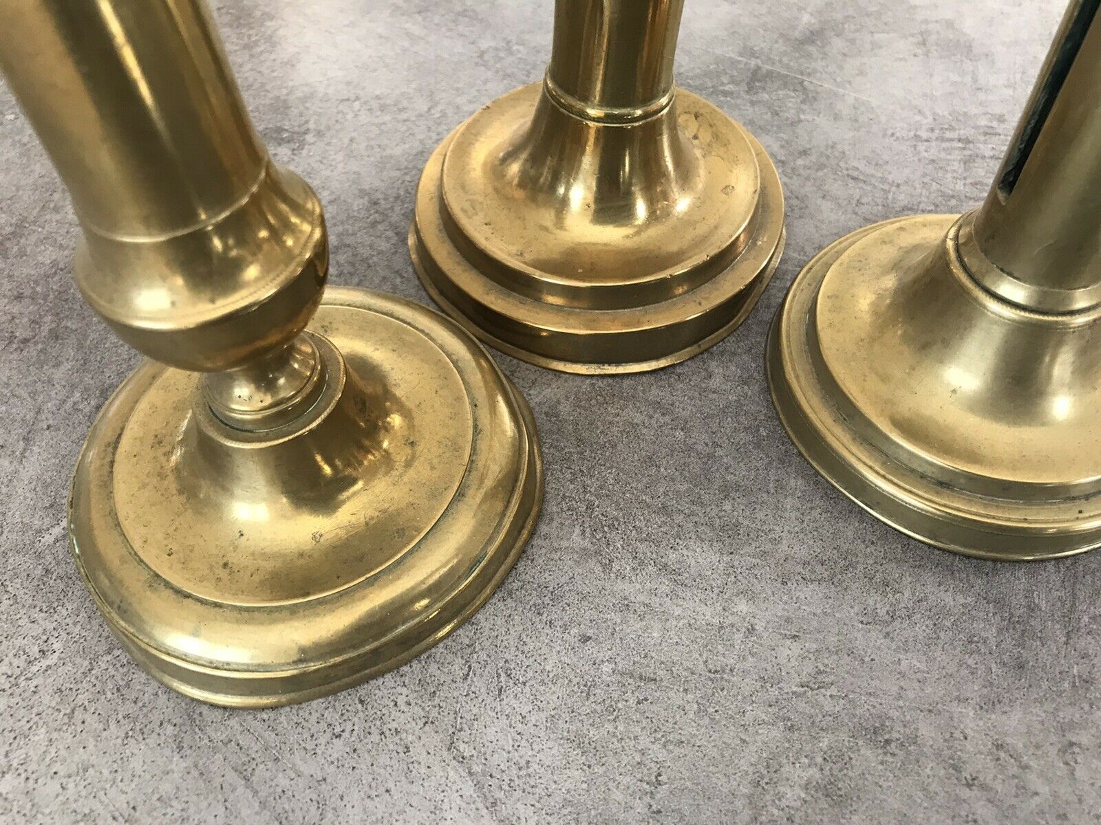 Set of 3 old brass copper zipper candlesticks