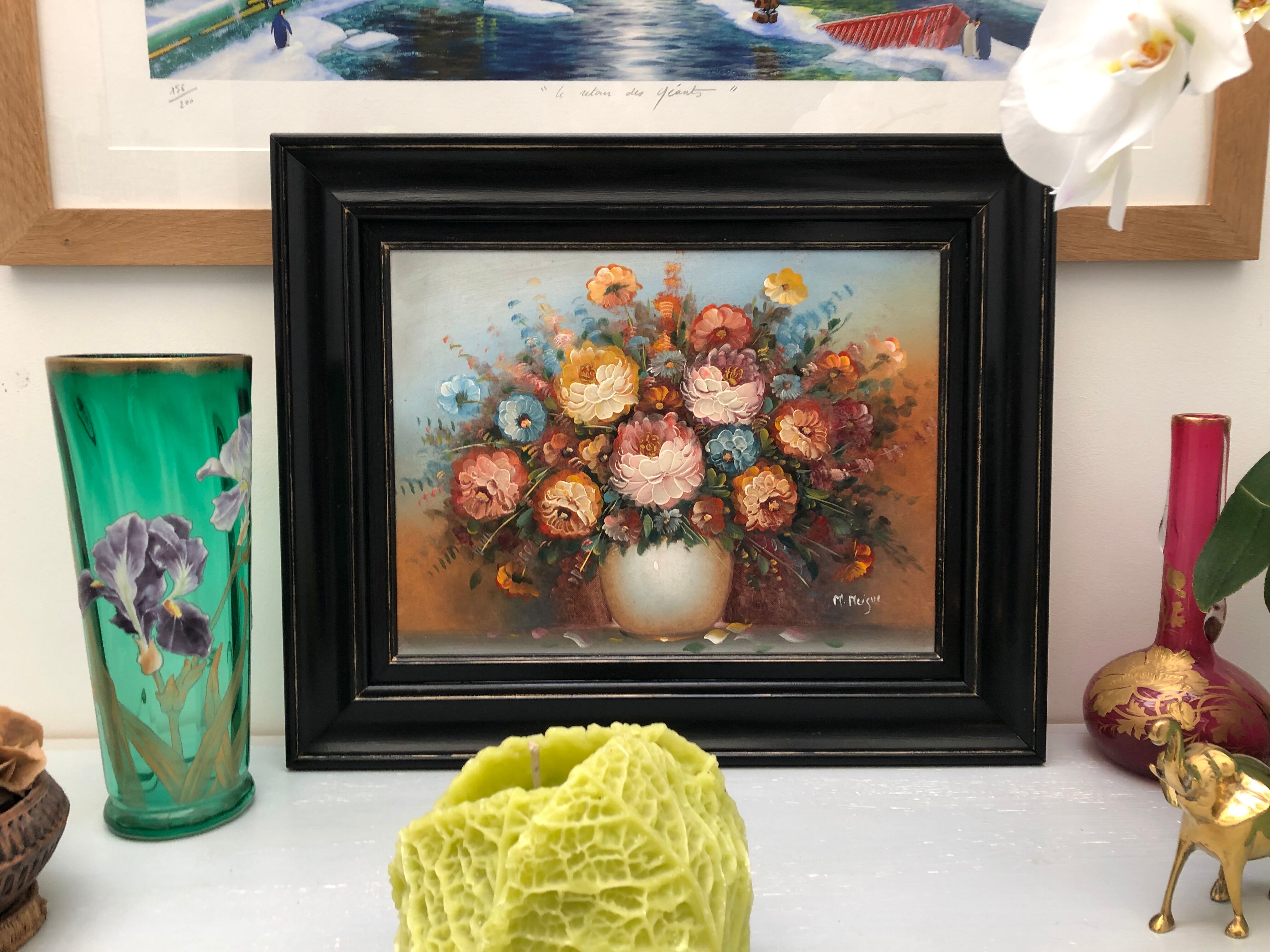 Tableau, peinture à l'huile, nature morte, bouquet de fleurs, signé "M.Meigne"