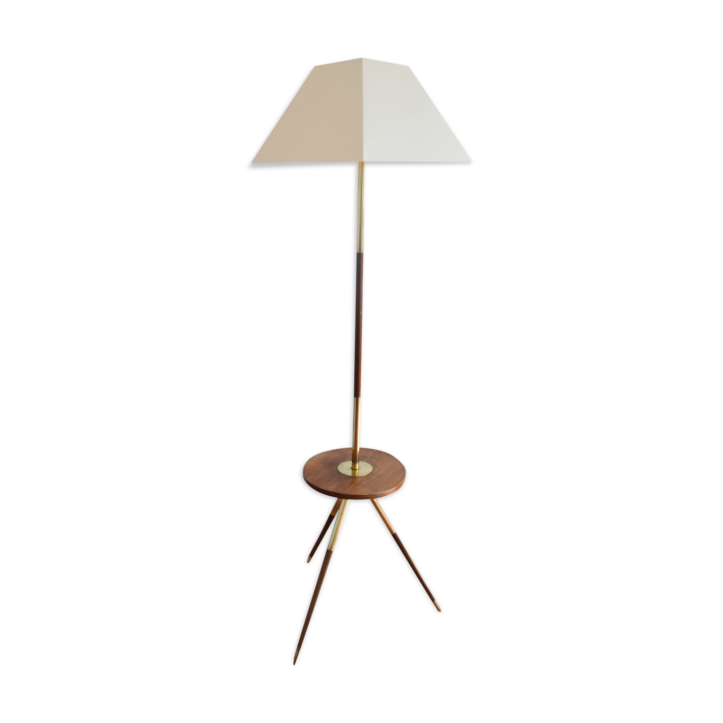 Lampadaire tripode bois et laiton