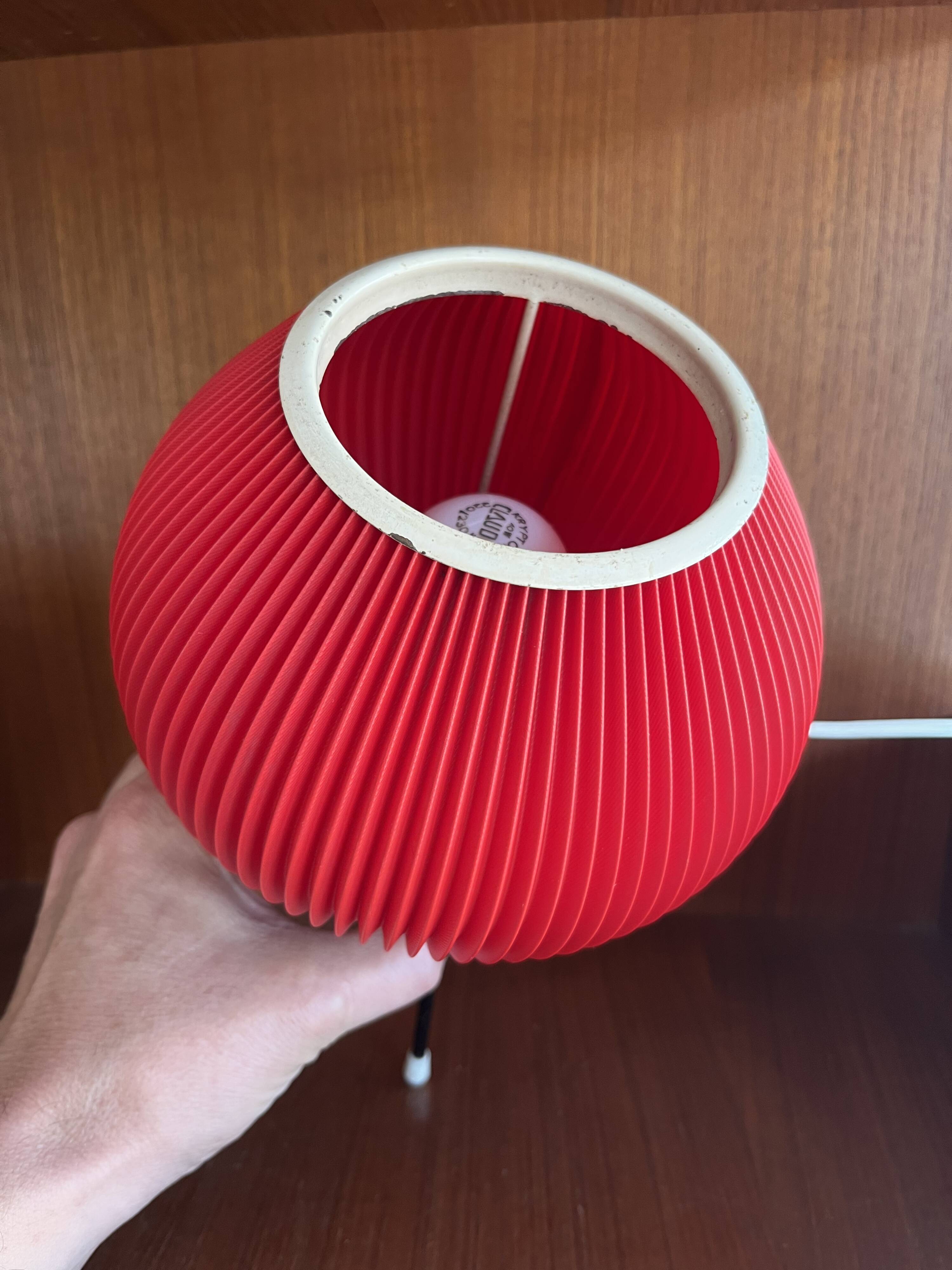 Tripod lamp, pleated red rhodoid, 1950s, 60s design