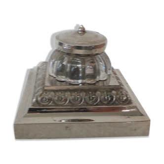 Metal office inkwell and art deco glass