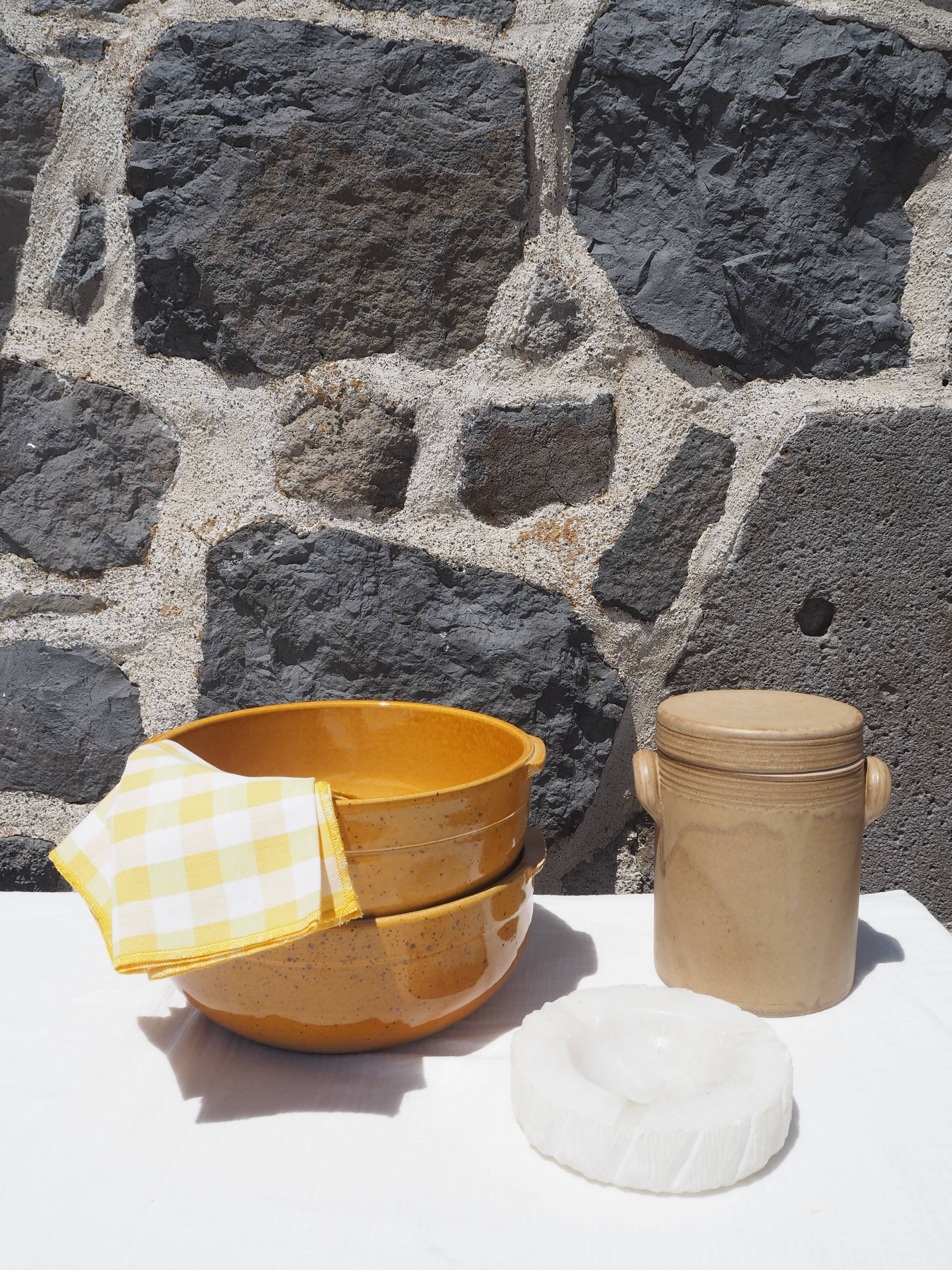 Pair of glazed ceramic salad bowls mustard LPM