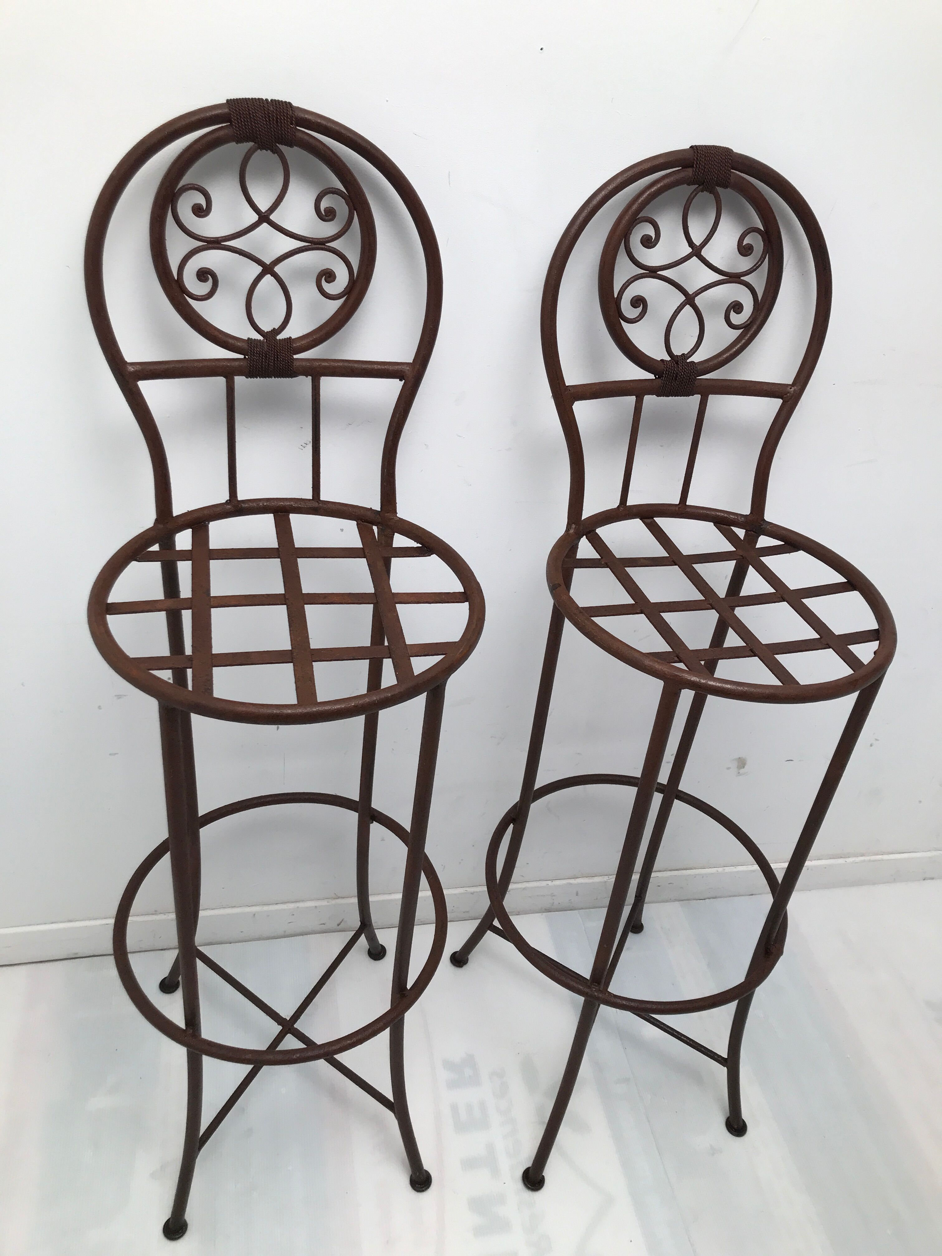 Pair of vintage bar high chairs in copper and wrought iron
