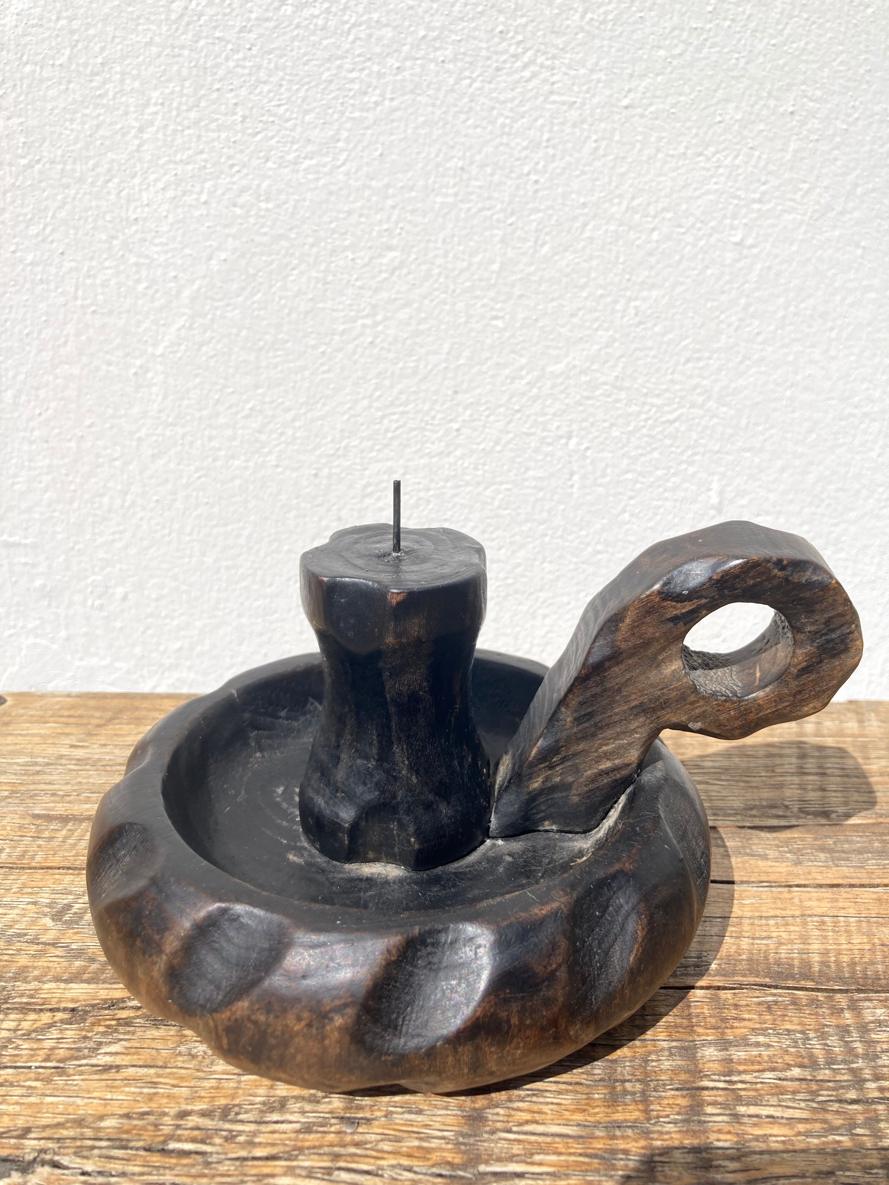 Brutalist solid wood candle holder 1960 Italy