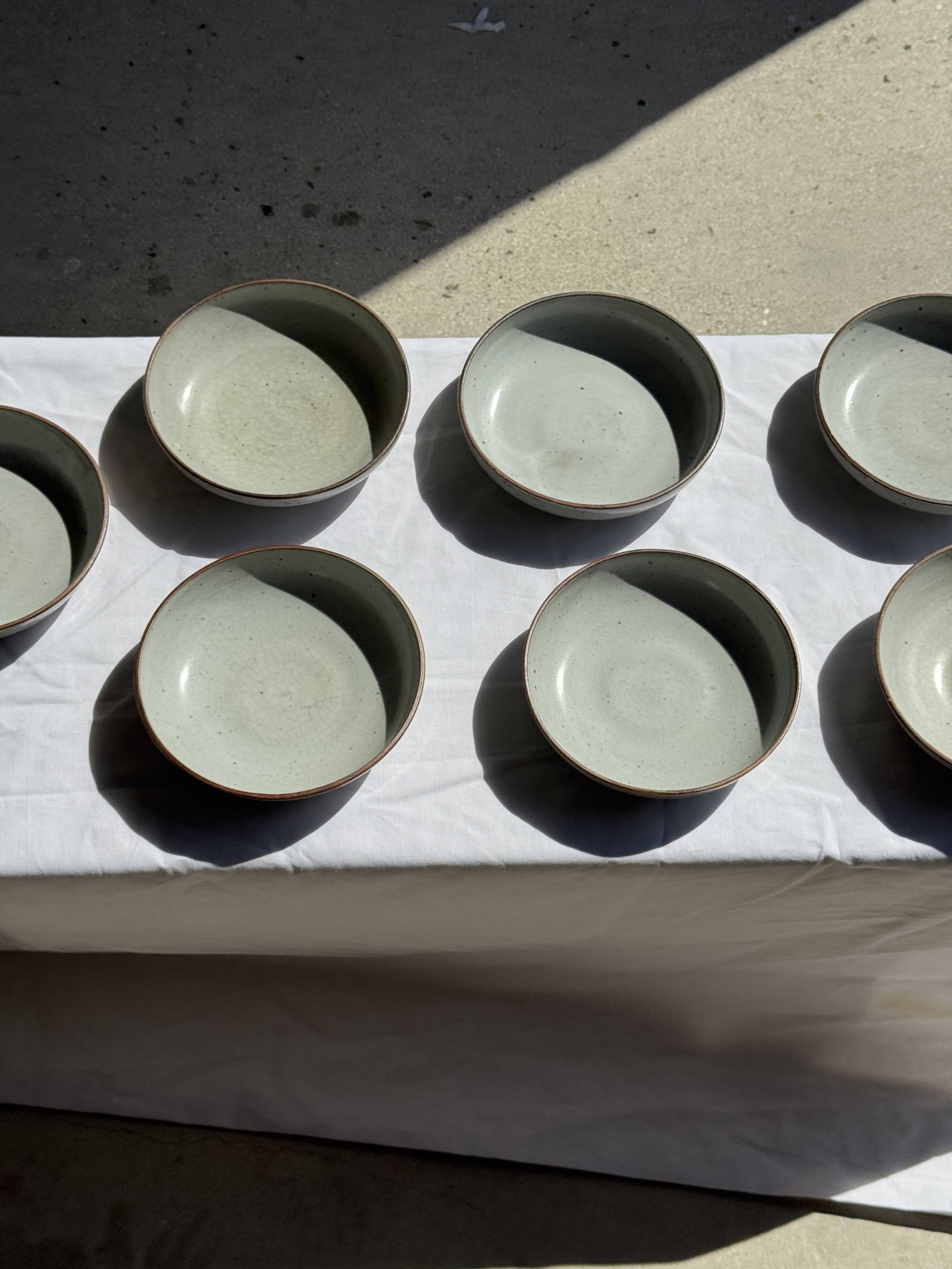Set of 7 handmade grey glazed ceramic deep plates D18.5 H5.
