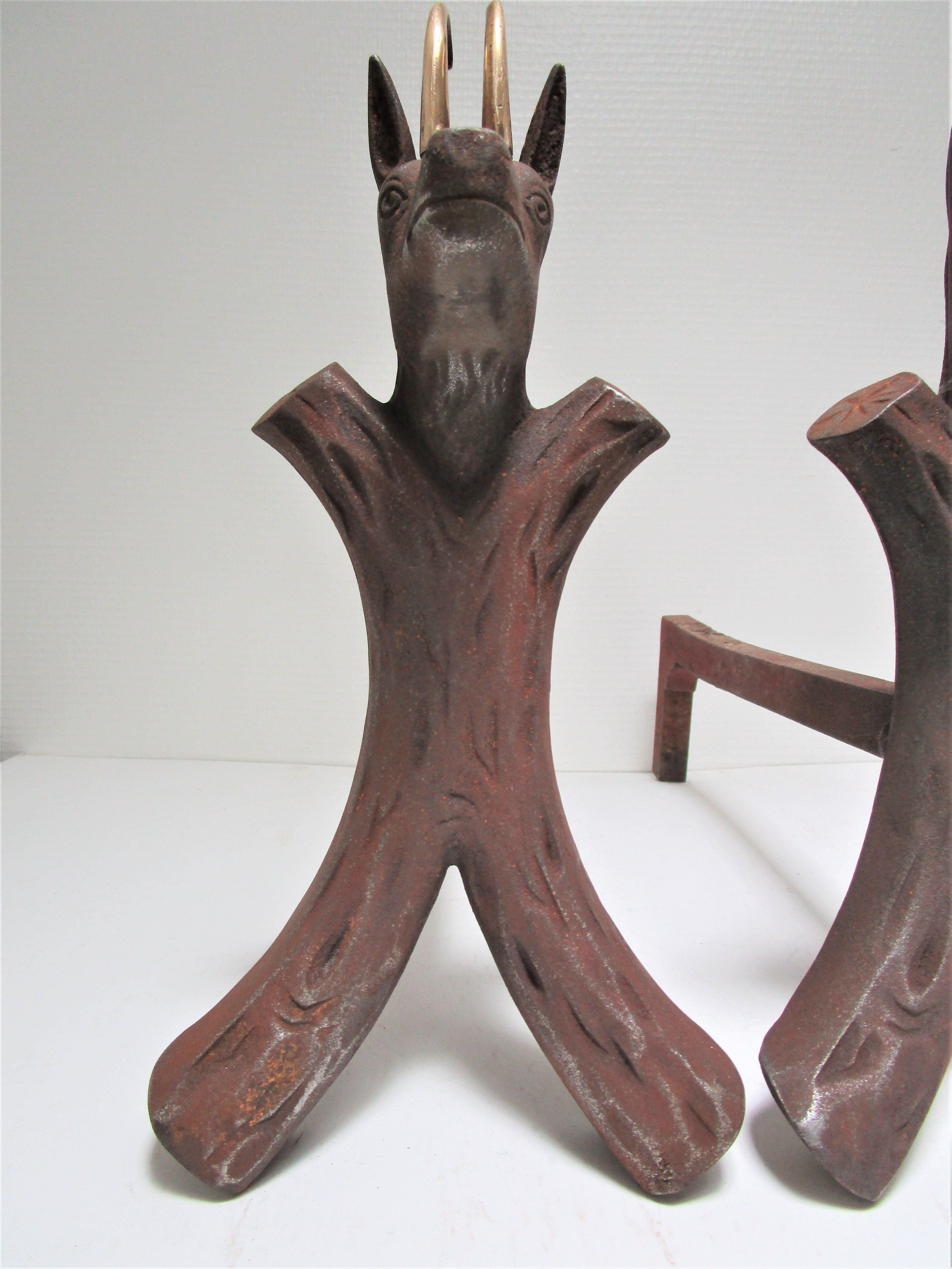 pair of zoomorphic chenets cast iron brass vintage buff