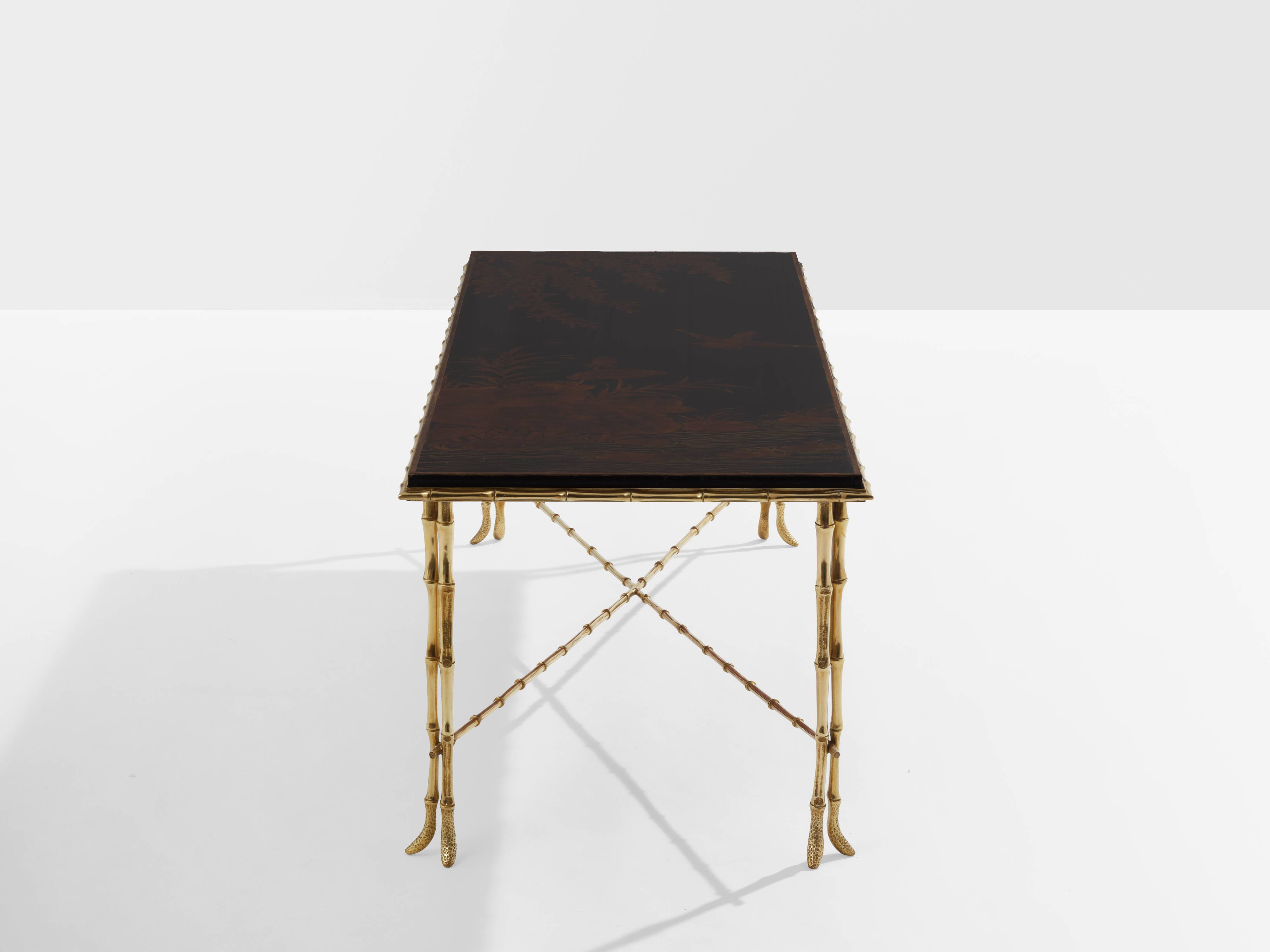 Bamboo coffee table with brass and Chinese lacquer Maison Baguès 1950