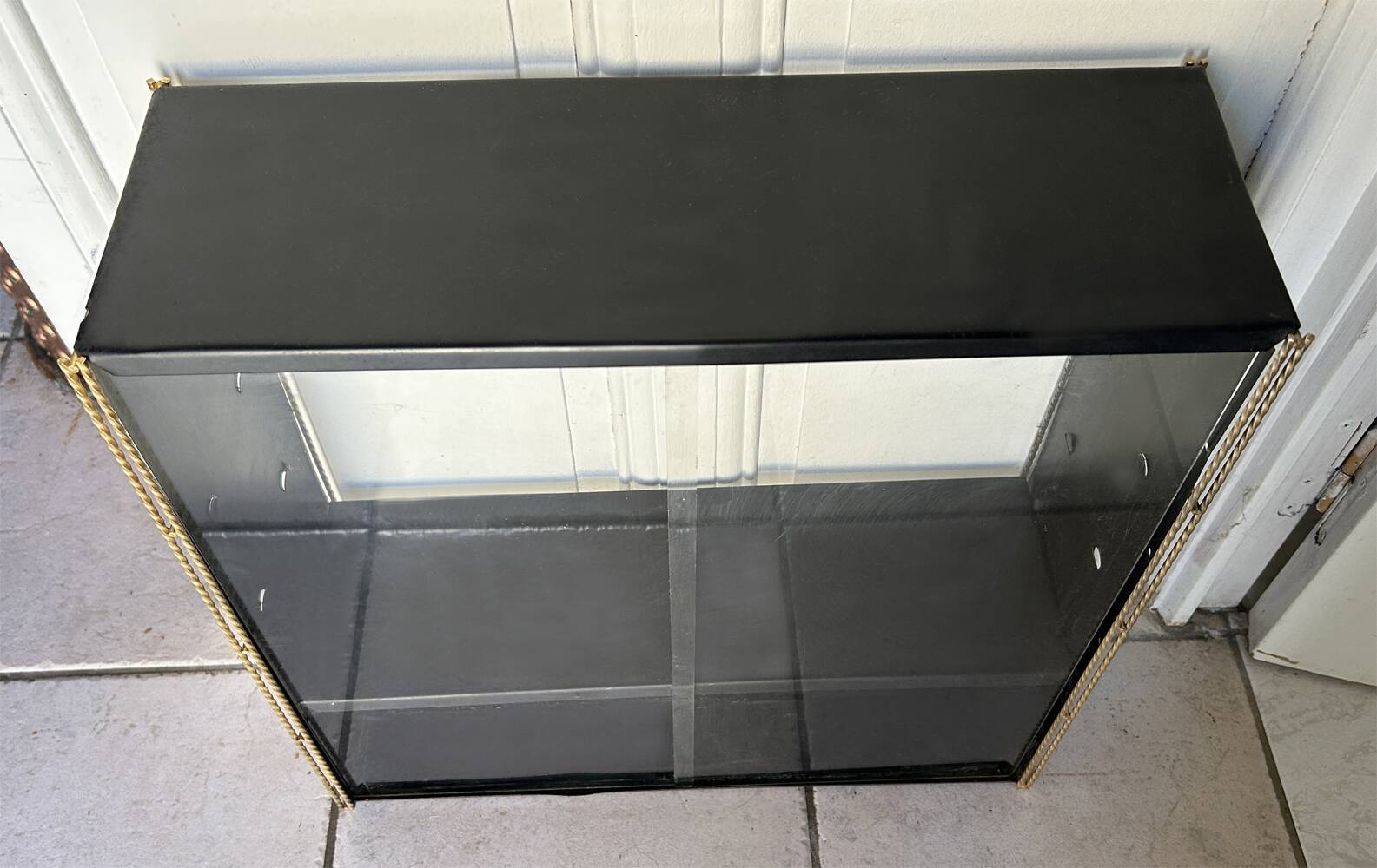 Double gold metal string shelves and black trays, vintage, 60s