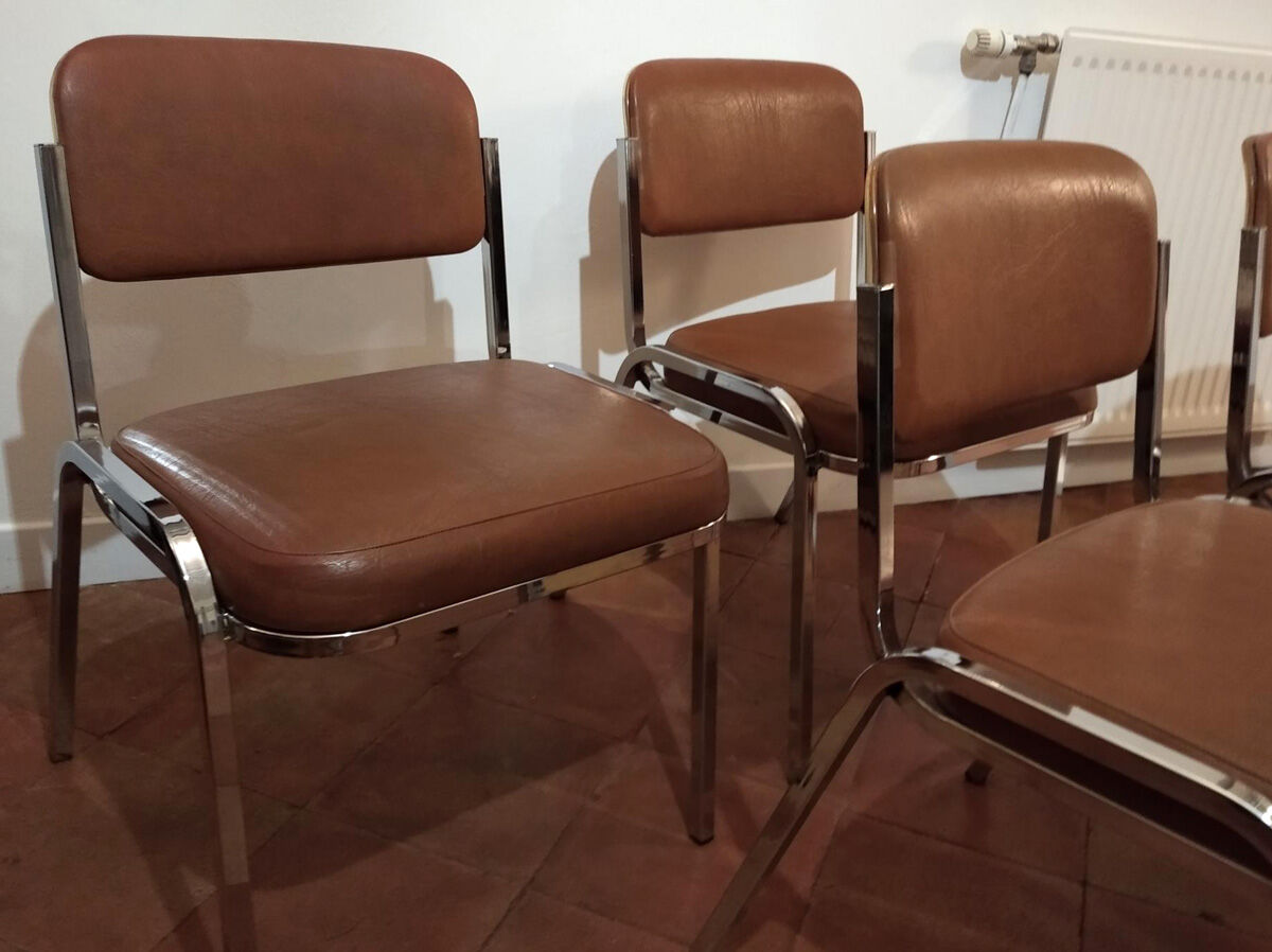 Set of 4 chairs chrome and skaï brown 70s