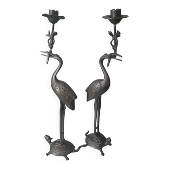 Pair of 19th century Japanese bronze candlesticks