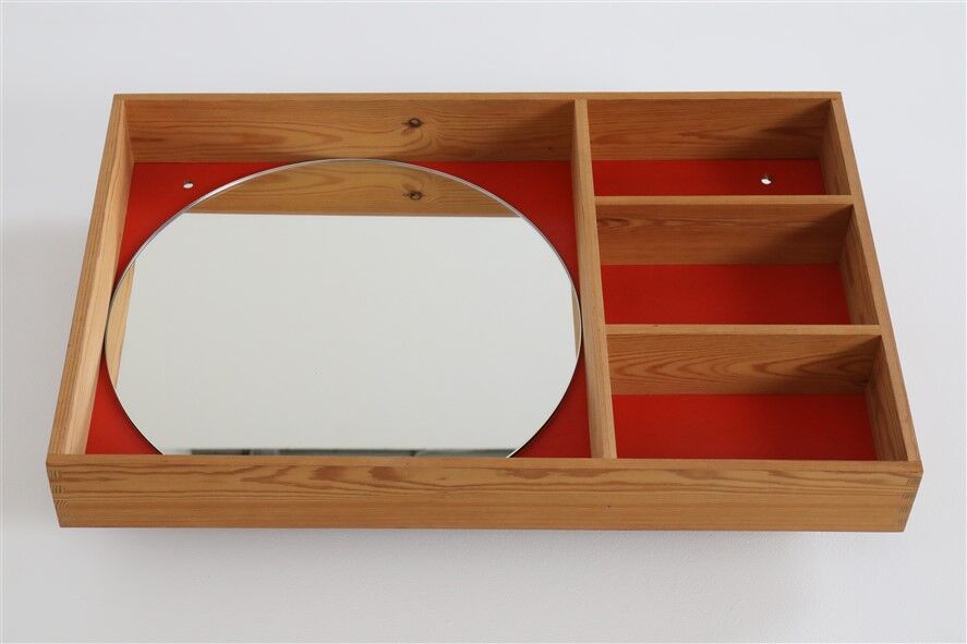 Mid-century wall shelf with mirror / 1970s / maritime pine / Danish modern design / red-orange