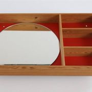 Mid-century wall shelf with mirror / 1970s / maritime pine / Danish modern design / red-orange