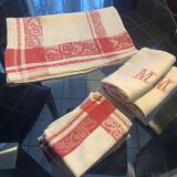 Vintage Large Damask Tablecloth with Six Monogram M Napkins.