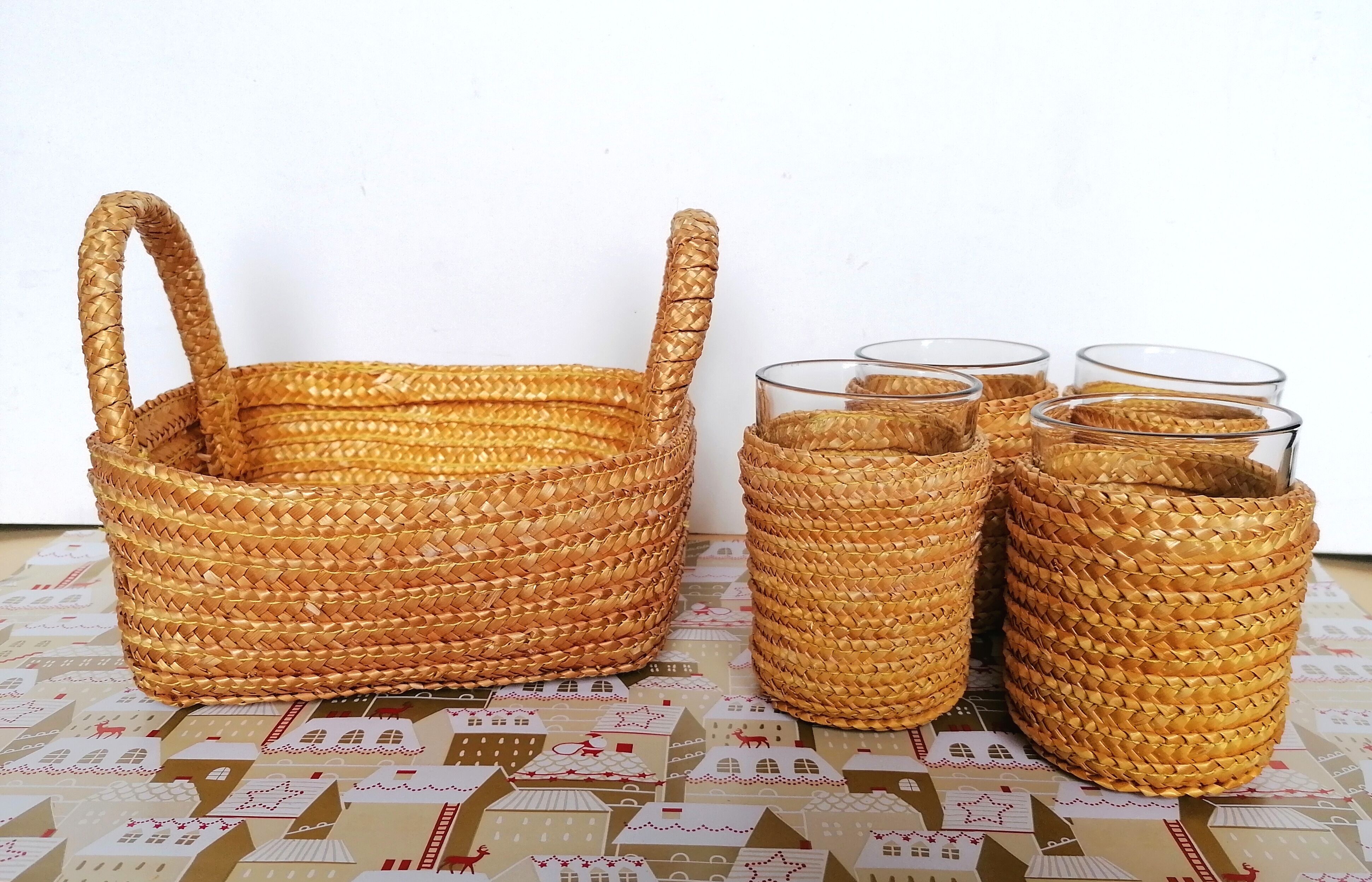 Basket and glass holder woven straw