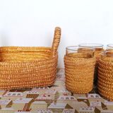 Basket and glass holder woven straw